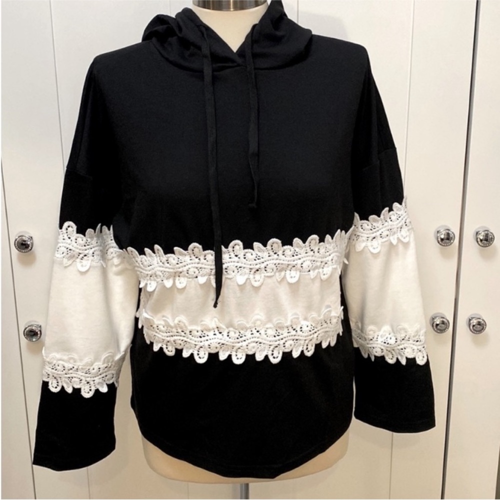 Black & White Lace Detail Drawstring Hoodie Sweatshirt Pullover Sz XS NEW! FIRM!